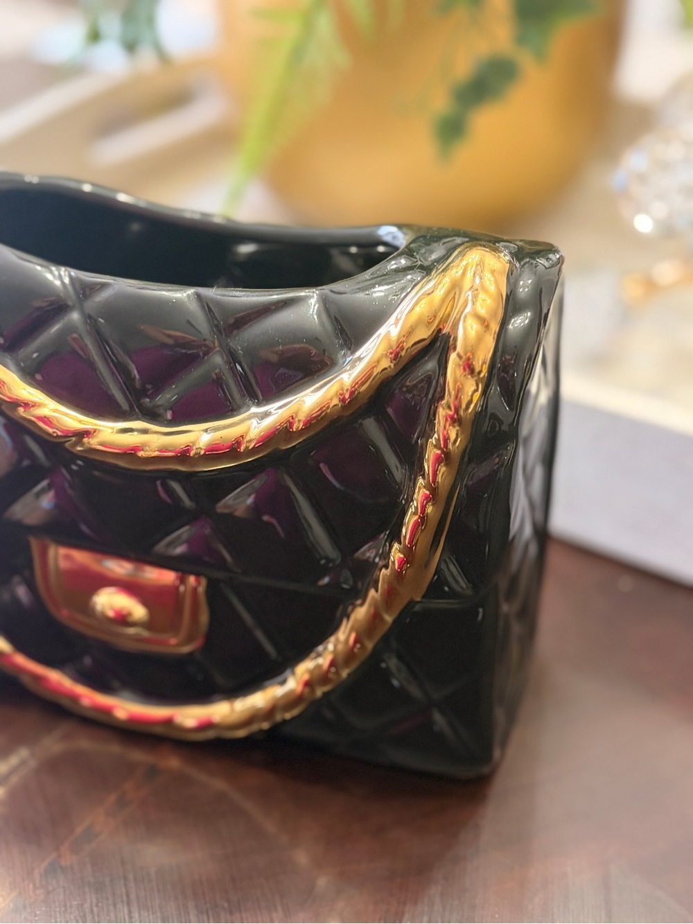 Elegant Ceramic Black Quilted Chain Bag Vase with Gold Hardware - Picture 7 of 10